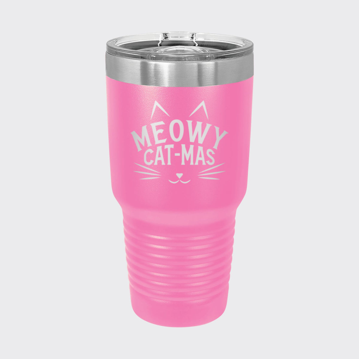 Pink 30 oz tumbler laser engraved with "Meowy Cat-Mas"