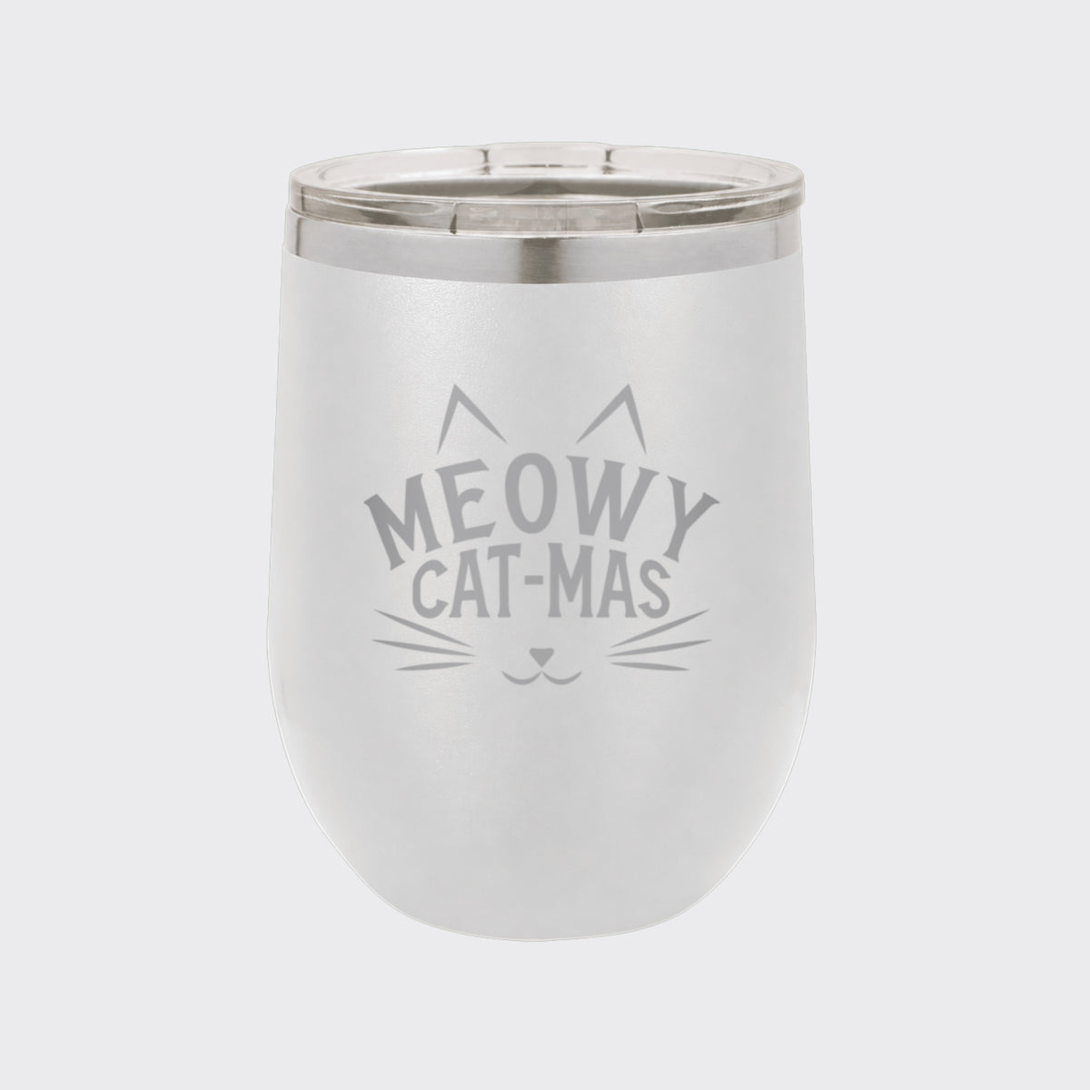 White 12 oz stemless wine tumbler laser engraved with "Meowy Cat-Mas"