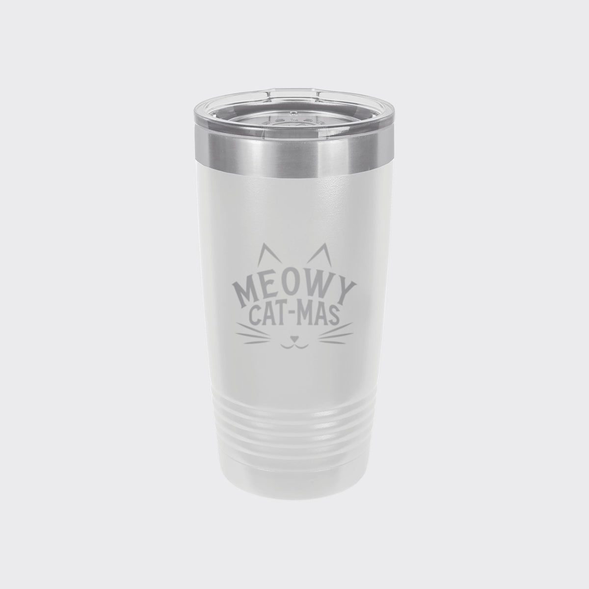 White 20 oz tumbler laser engraved with "Meowy Cat-Mas"