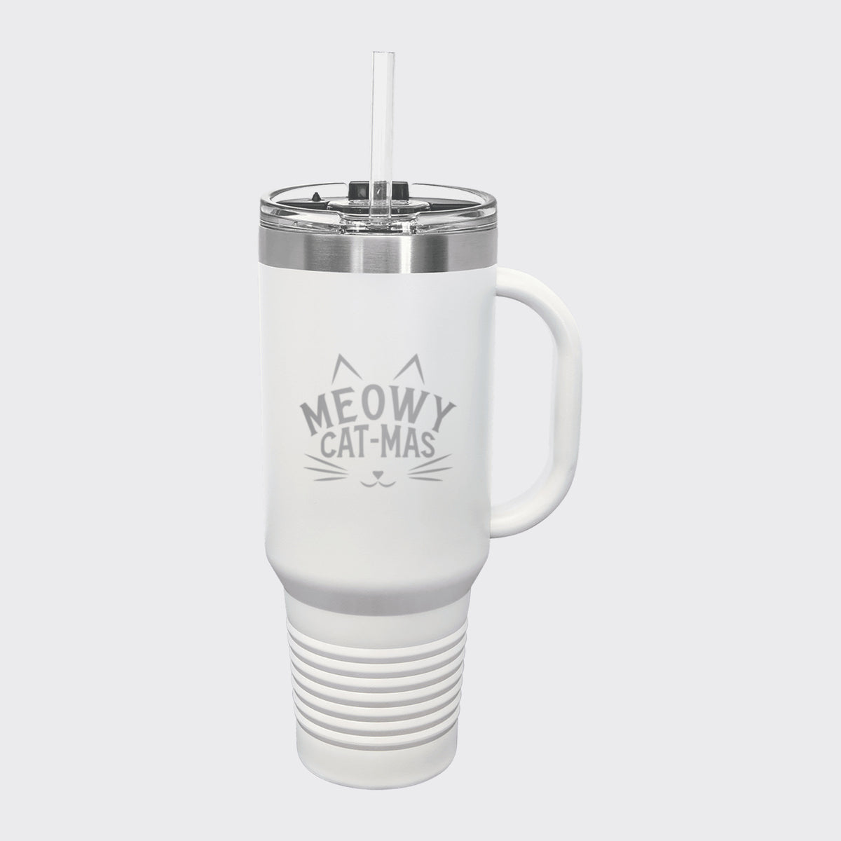 White 40 oz tumbler with handle and straw laser engraved with "Meowy Cat-Mas"