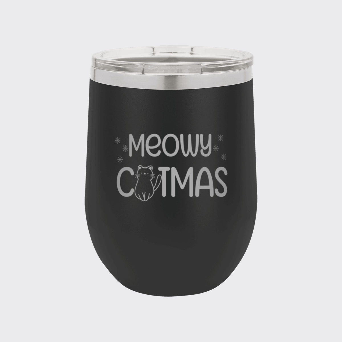 Black 12 oz stemless wine tumbler laser engraved with "Meowy Catmas"