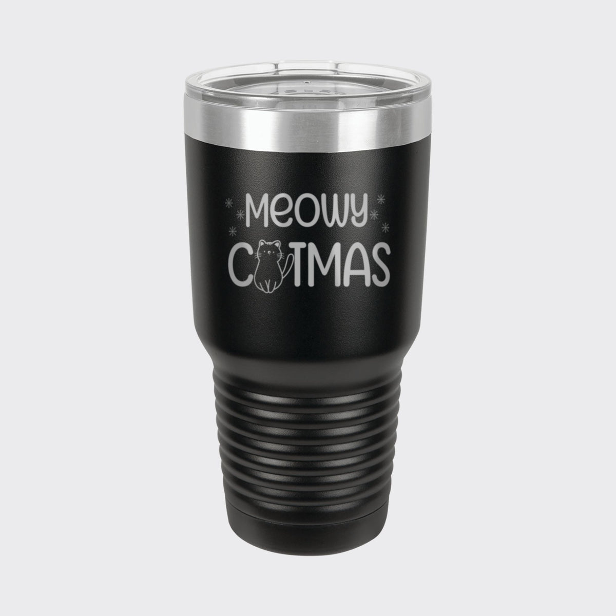 Black 30 oz tumbler laser engraved with "Meowy Catmas"