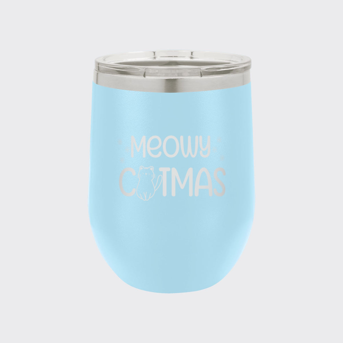 Light Blue 12 oz stemless wine tumbler laser engraved with "Meowy Catmas"