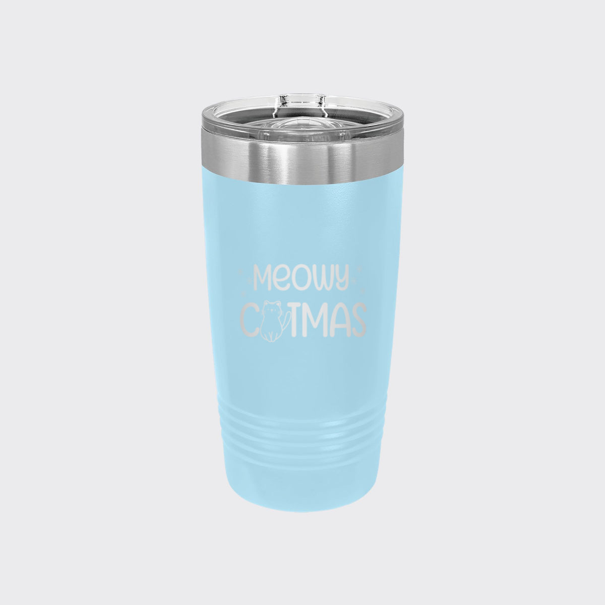 Light Blue 20 oz tumbler laser engraved with "Meowy Catmas"
