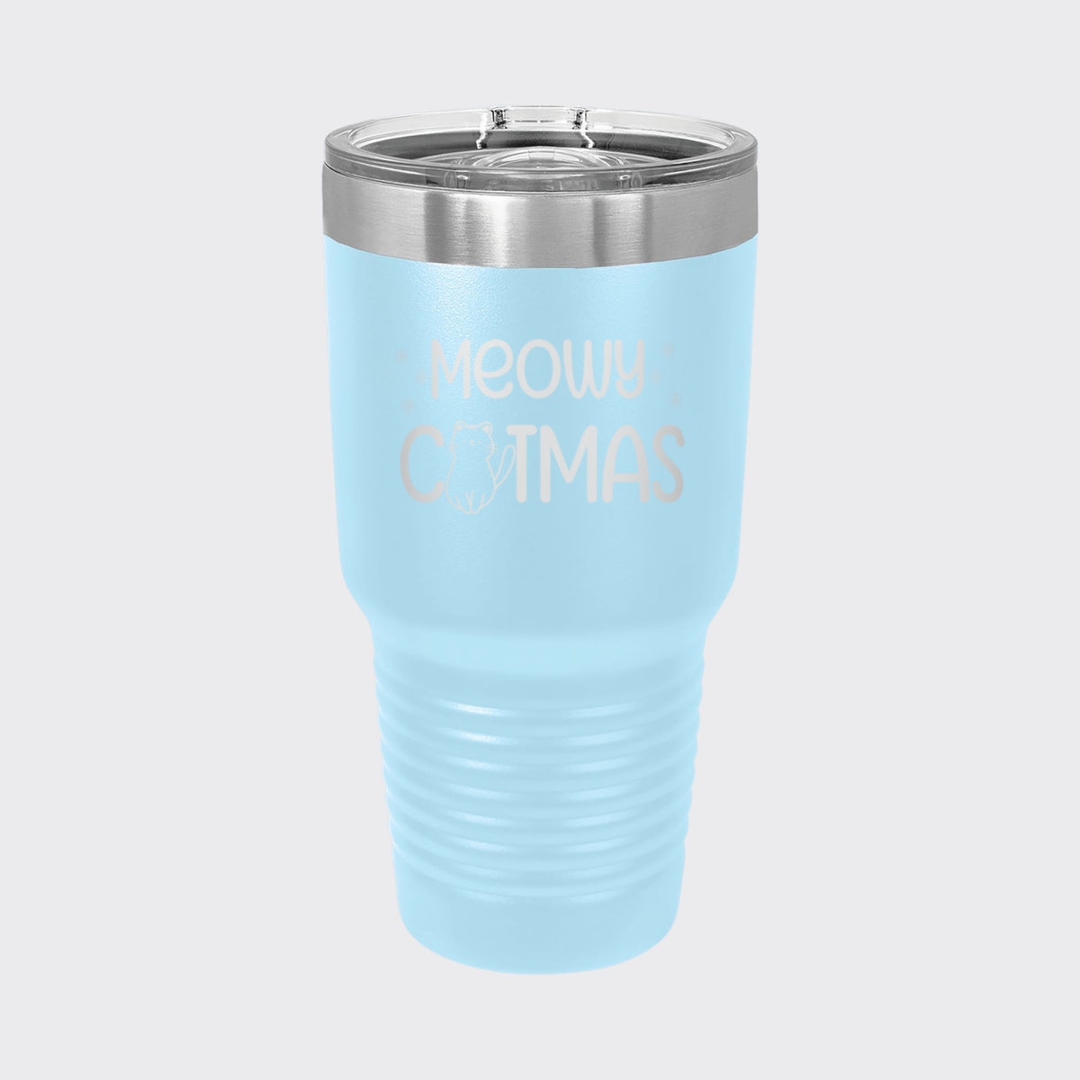 Light Blue 30 oz tumbler laser engraved with "Meowy Catmas"