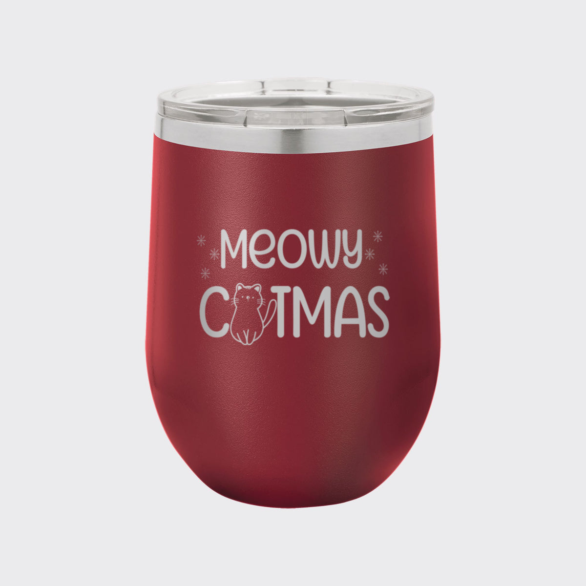 Maroon 12 oz stemless wine tumbler laser engraved with "Meowy Catmas"