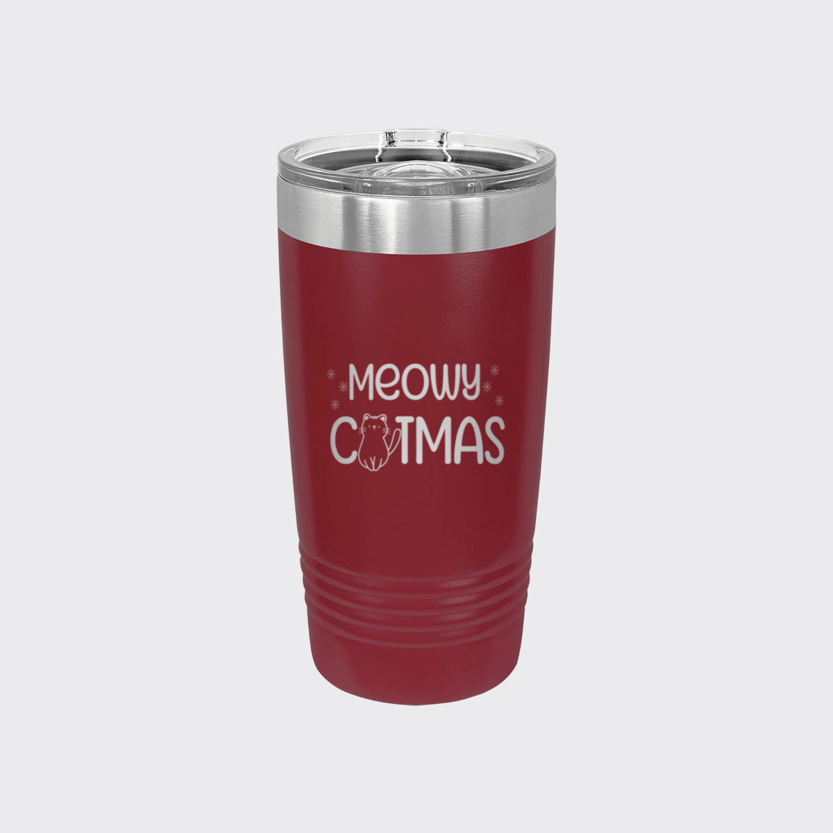 Maroon 20 oz tumbler laser engraved with "Meowy Catmas"