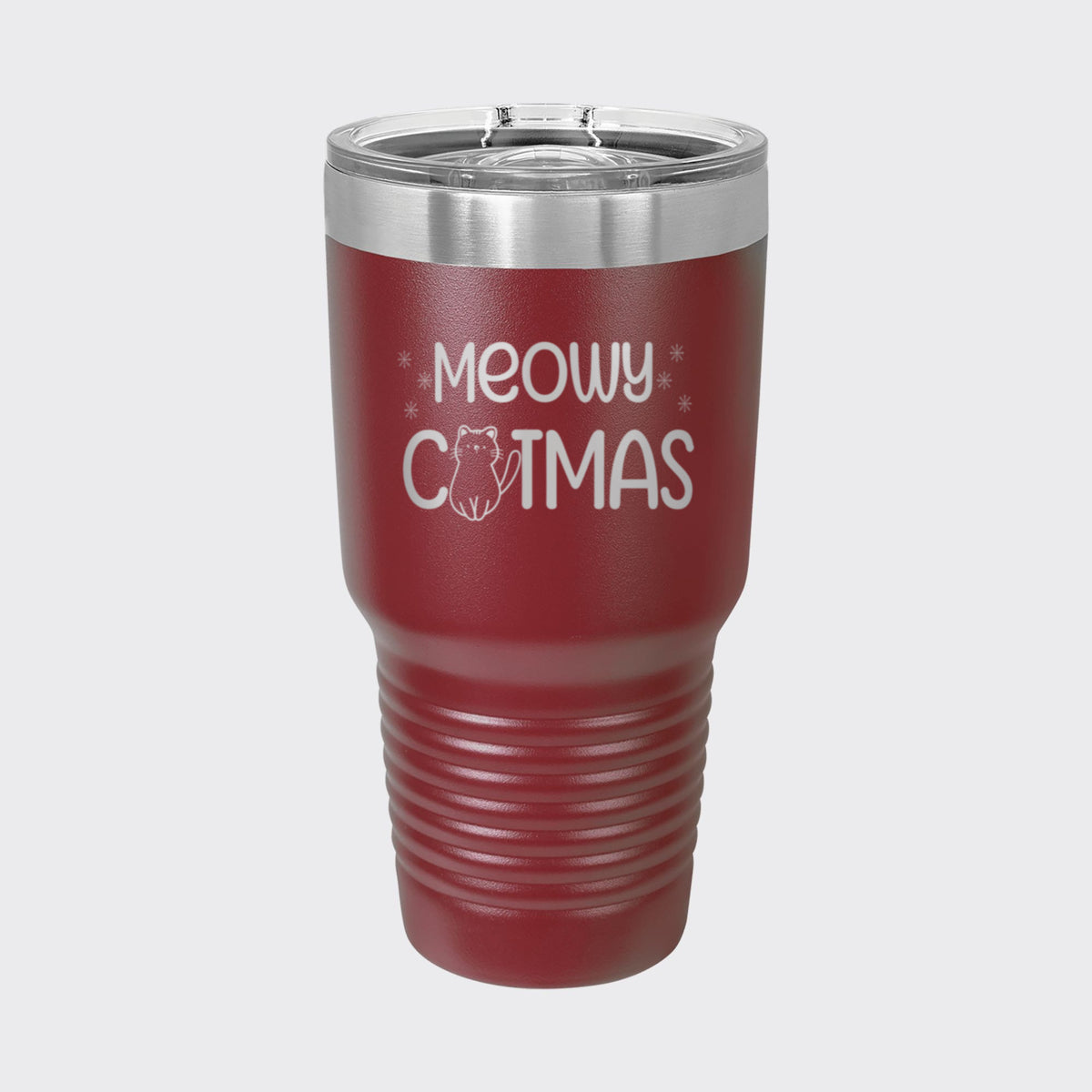 Maroon 30 oz tumbler laser engraved with "Meowy Catmas"