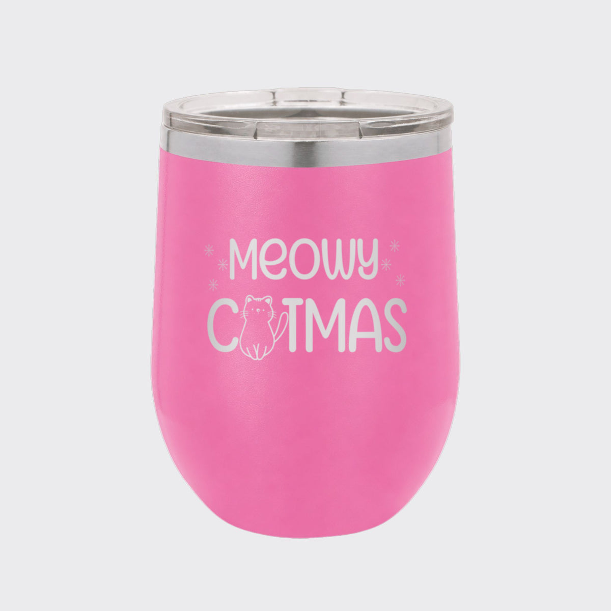 Pink 12 oz stemless wine tumbler laser engraved with "Meowy Catmas"