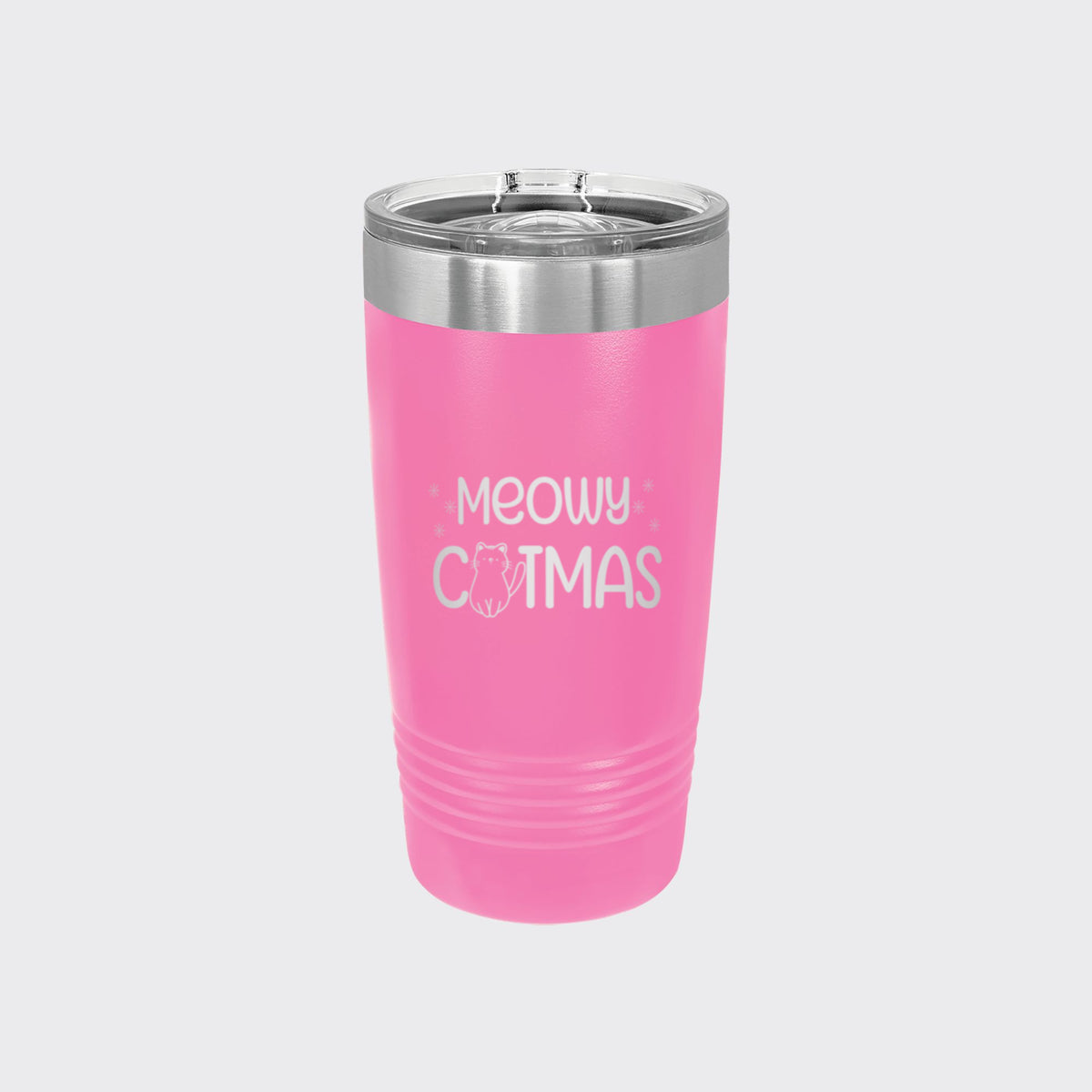 Pink 20 oz tumbler laser engraved with "Meowy Catmas"