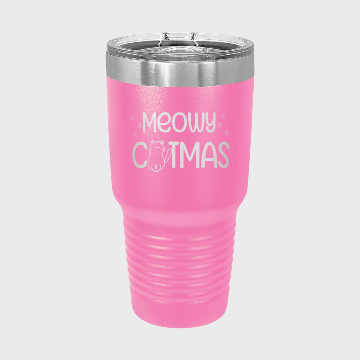 Pink 30 oz tumbler laser engraved with "Meowy Catmas"