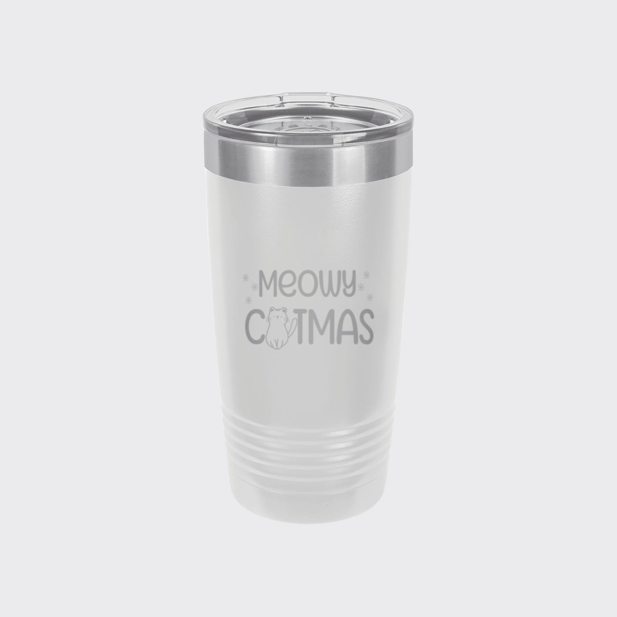 White 20 oz tumbler laser engraved with "Meowy Catmas"