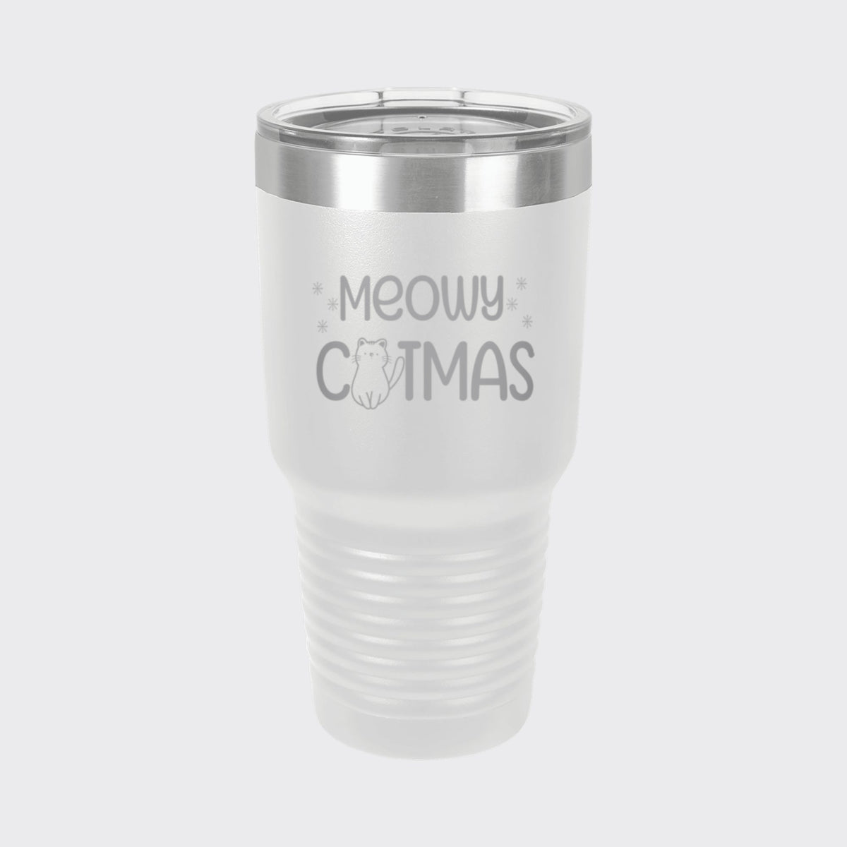 White 30 oz tumbler laser engraved with "Meowy Catmas"