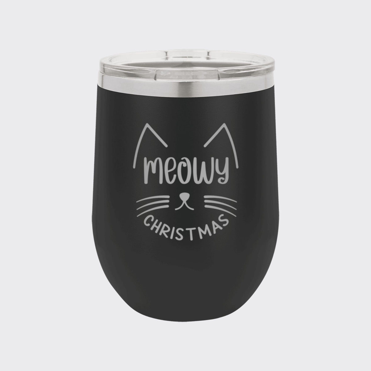 Black 12 oz stemless wine tumbler laser engraved with "Meowy Christmas"