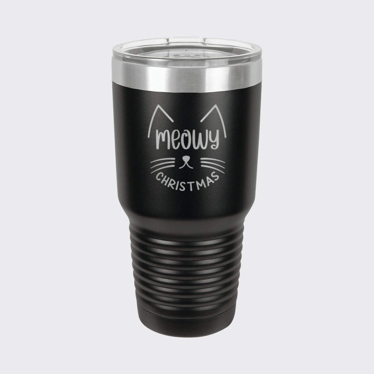 Black 30 oz tumbler laser engraved with "Meowy Christmas"