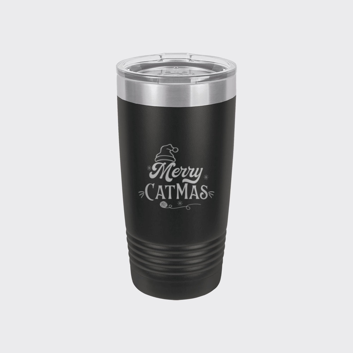 Black 20 oz tumbler laser engraved with "Merry Catmas"
