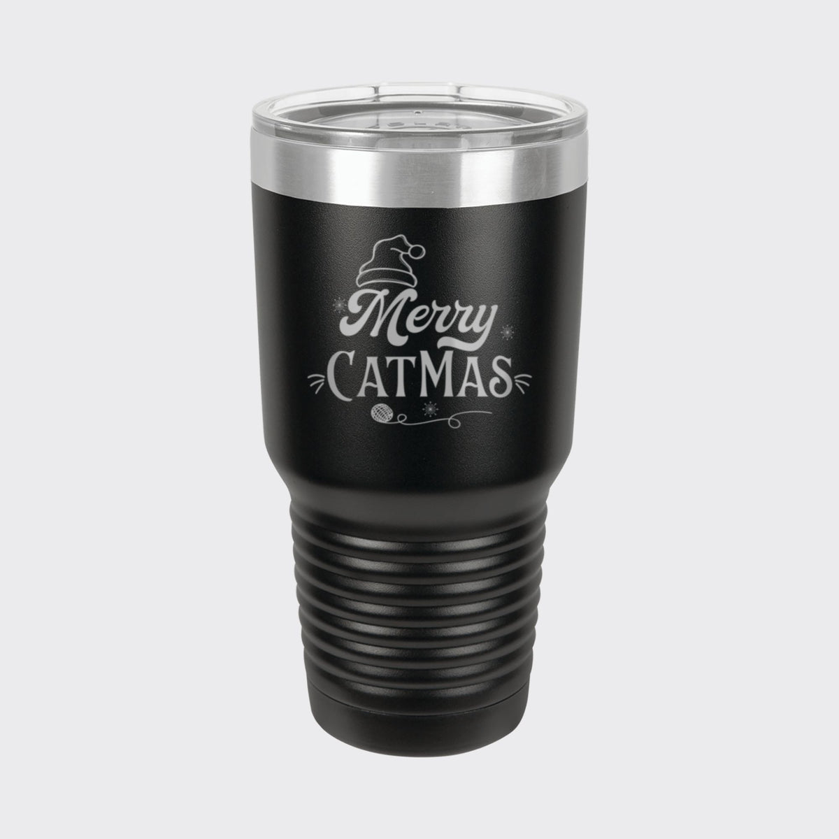 Black 30 oz tumbler laser engraved with "Merry Catmas"
