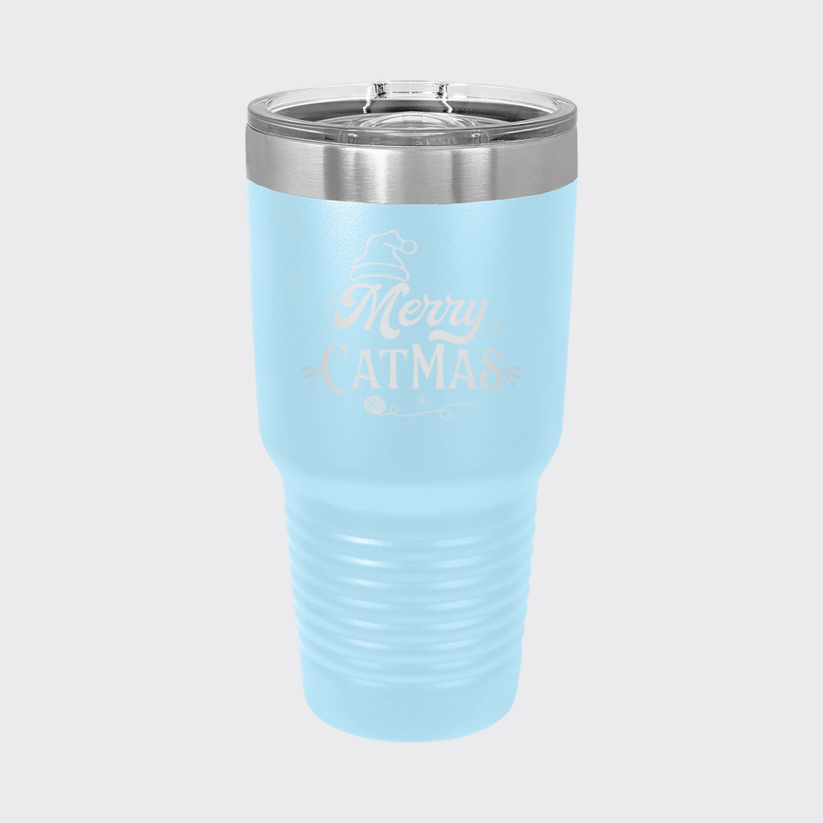 Light Blue 30 oz tumbler laser engraved with "Merry Catmas"