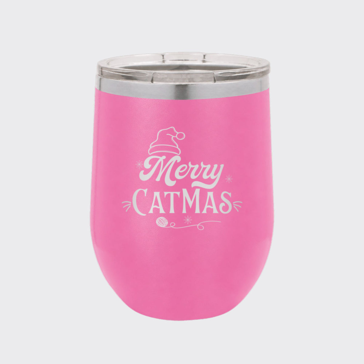 Pink 12 oz stemless wine tumbler laser engraved with "Merry Catmas"