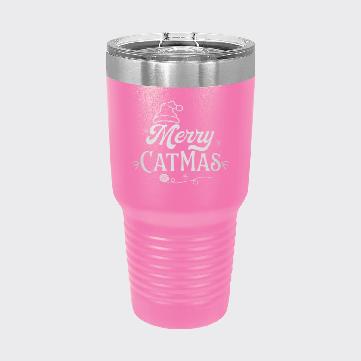 Pink 30 oz tumbler laser engraved with "Merry Catmas"