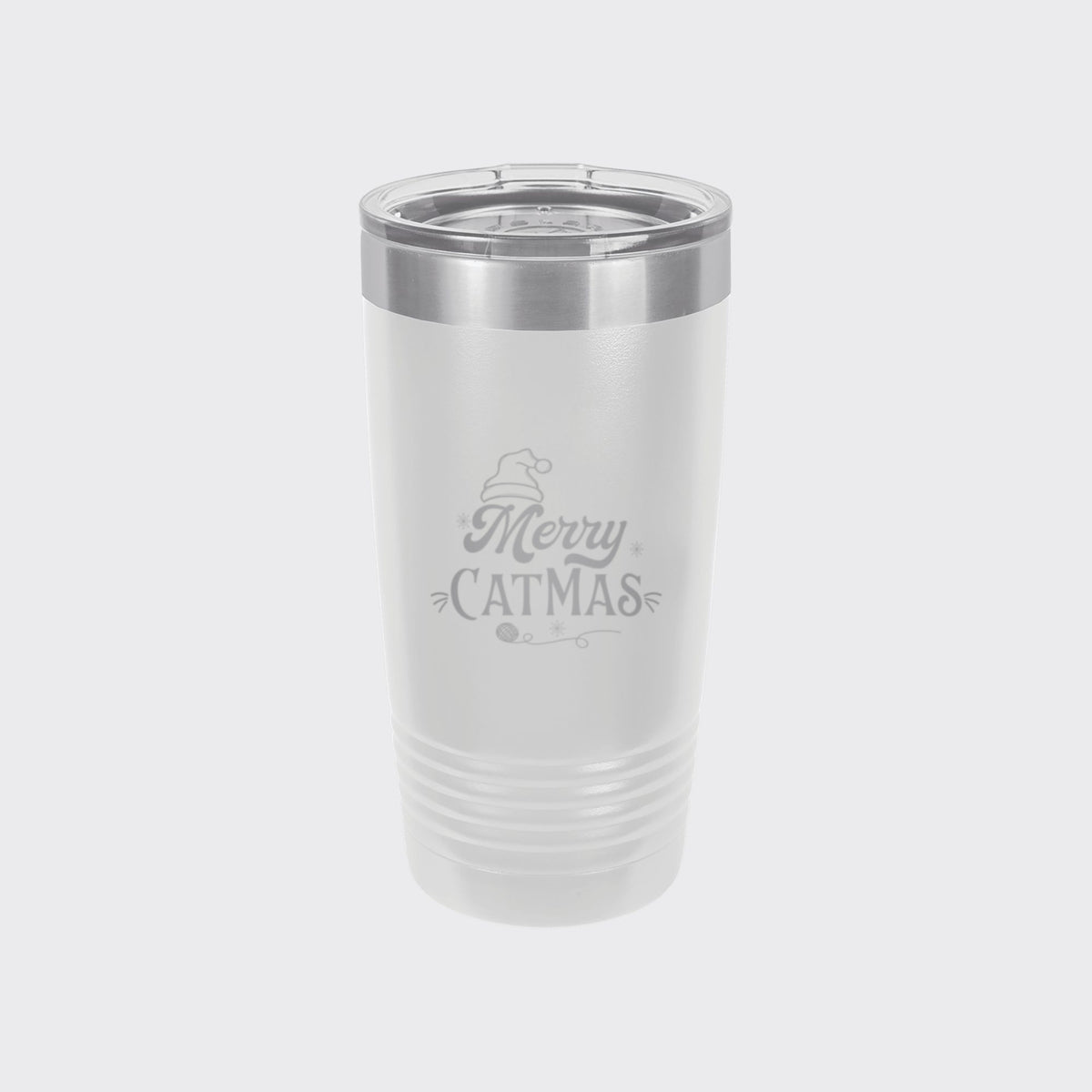 White 20 oz tumbler laser engraved with "Merry Catmas"