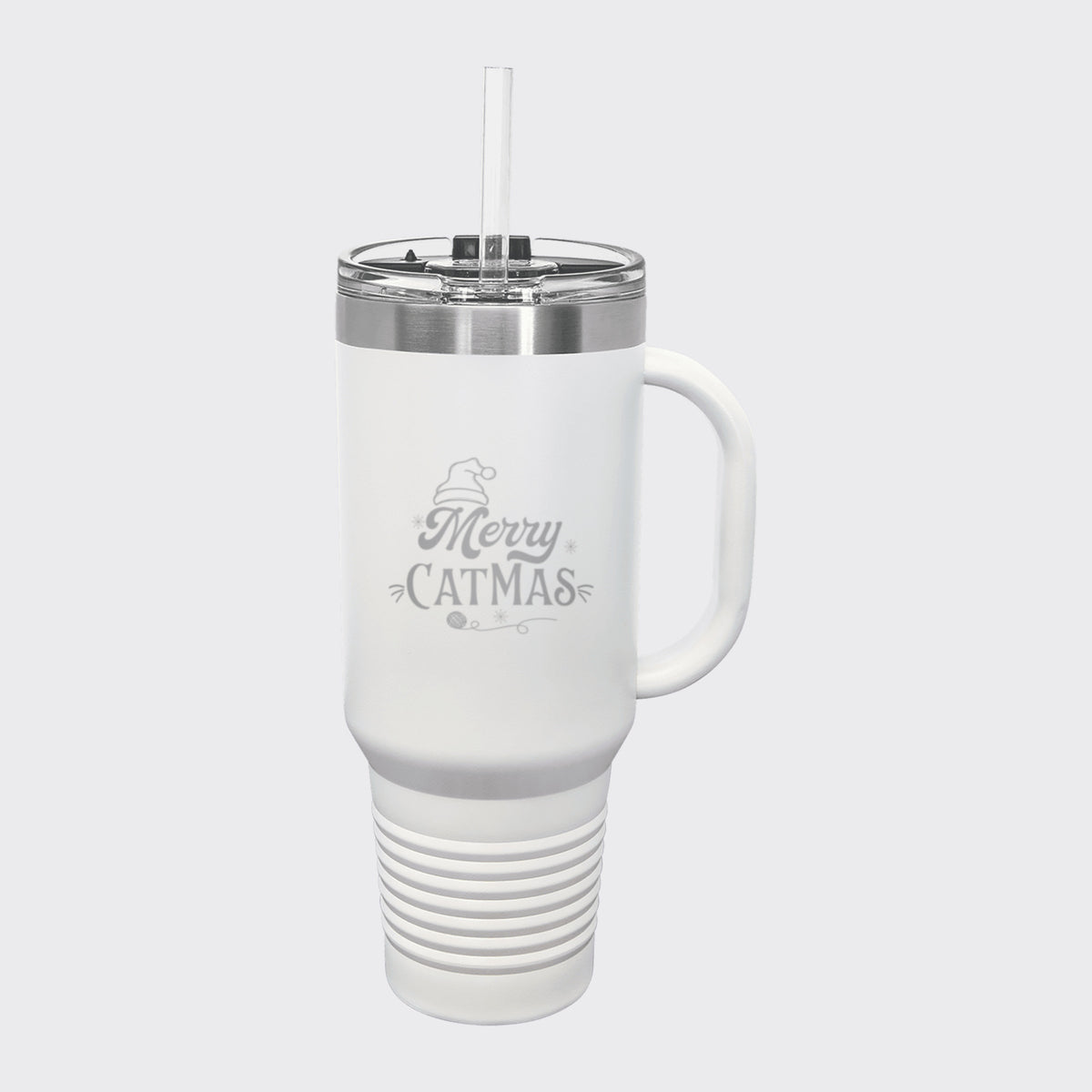 White 40 oz tumbler with handle and straw laser engraved with "Merry Catmas"