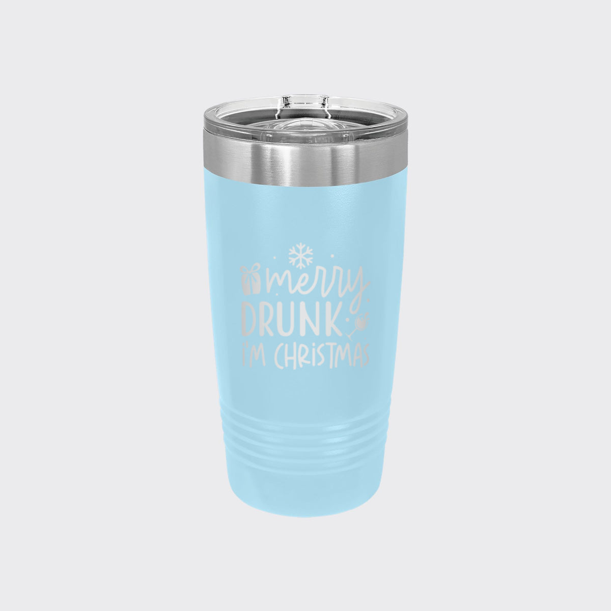 Light Blue 20 oz tumbler laser engraved with "Merry Drunk, I'm Christmas"