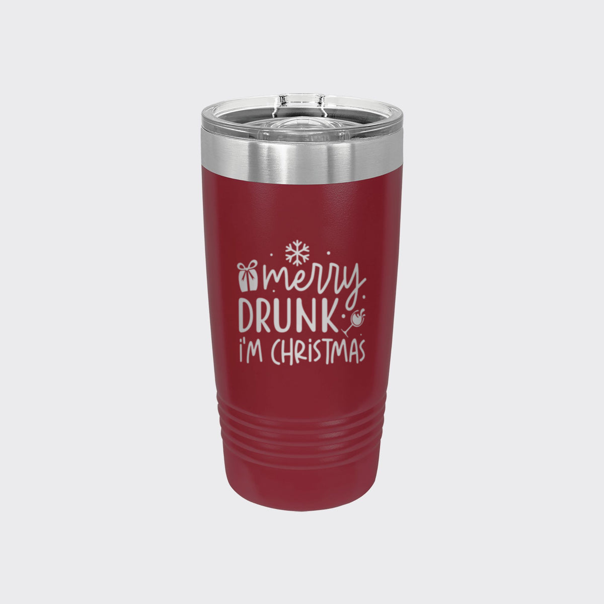 Maroon 20 oz tumbler laser engraved with "Merry Drunk, I'm Christmas"