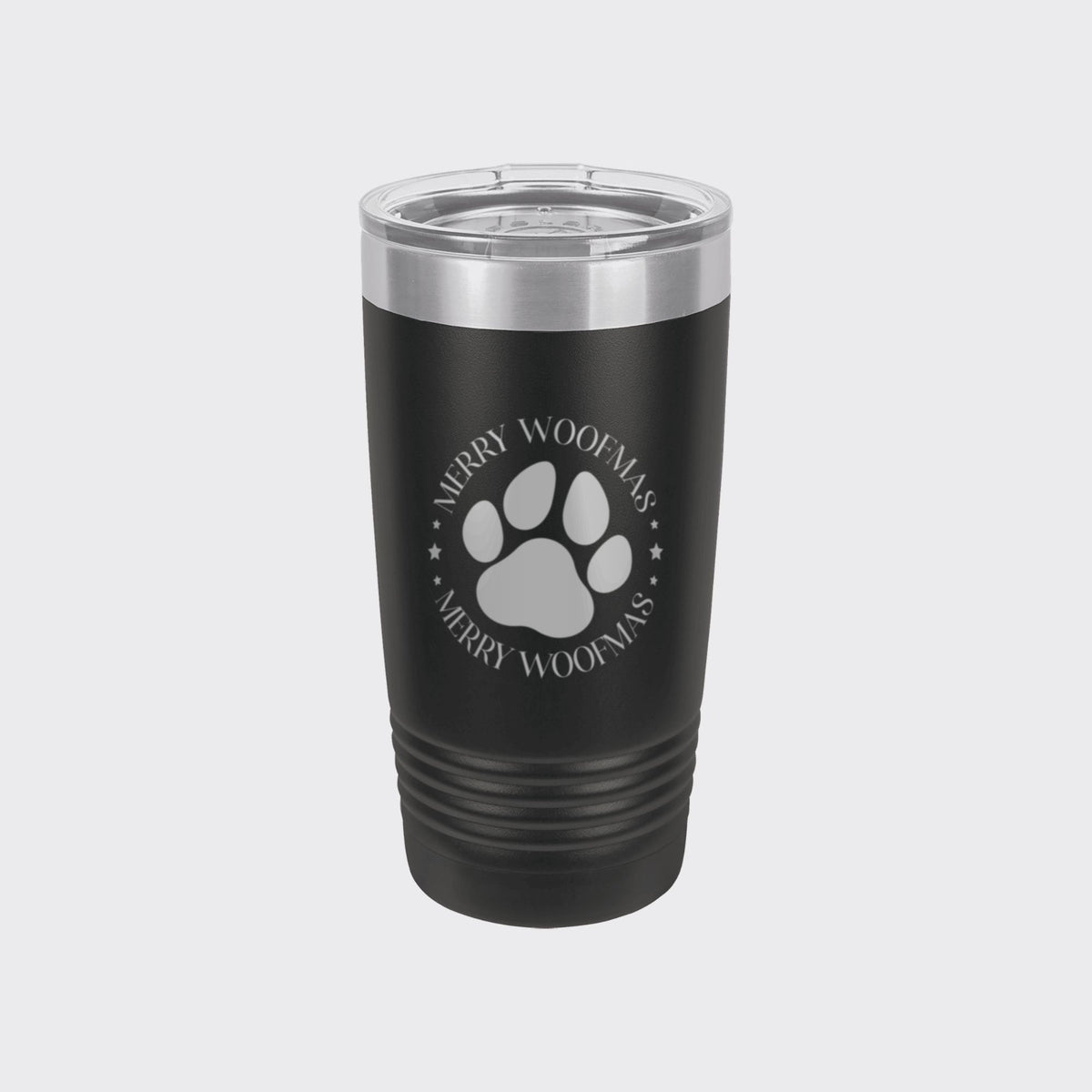 Black 20 oz tumbler laser engraved with "Merry Woofmas"