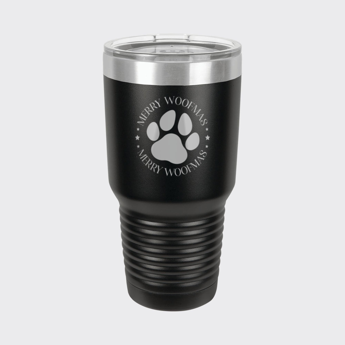 Black 30 oz tumbler laser engraved with "Merry Woofmas"