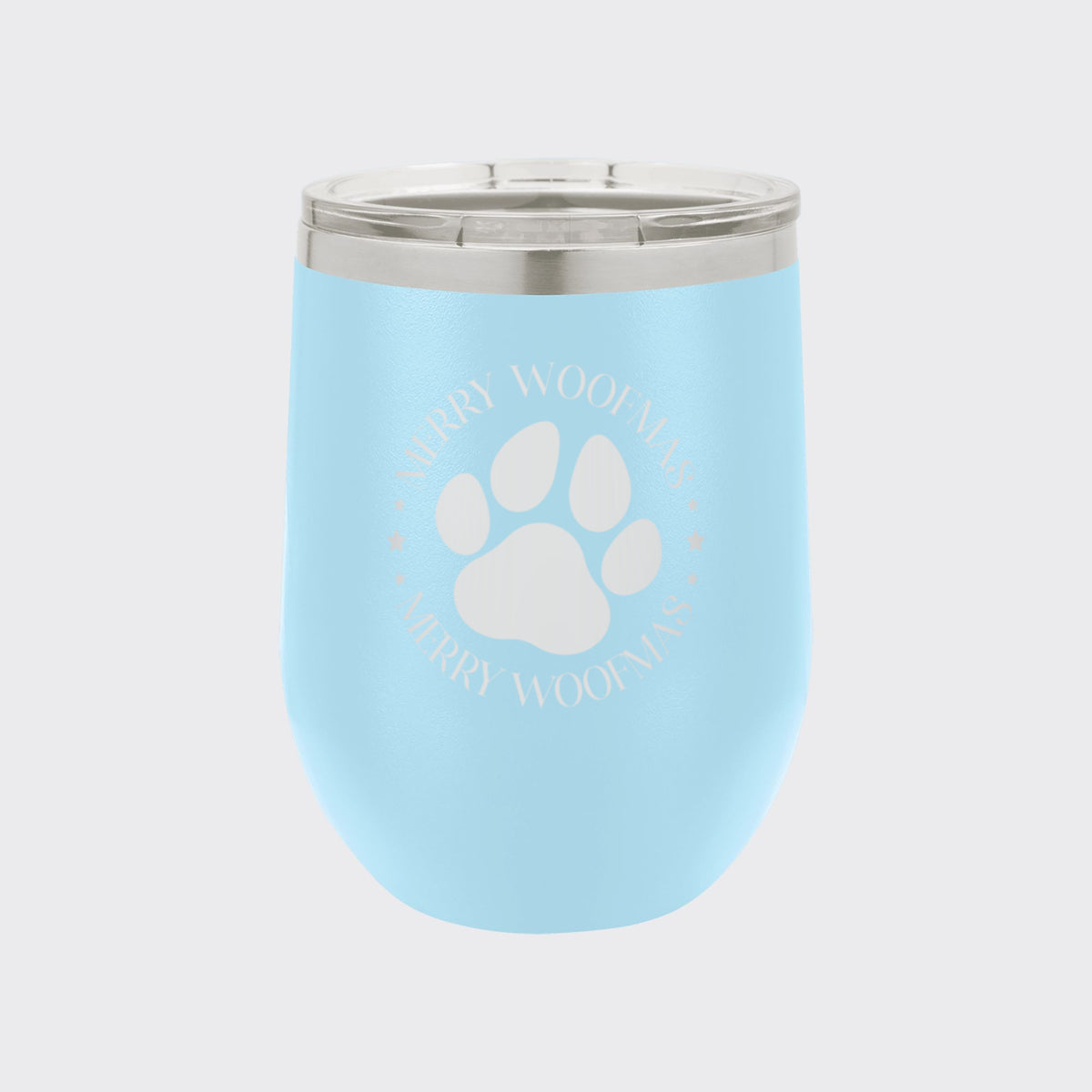 Light Blue 12 oz stemless wine tumbler laser engraved with "Merry Woofmas"