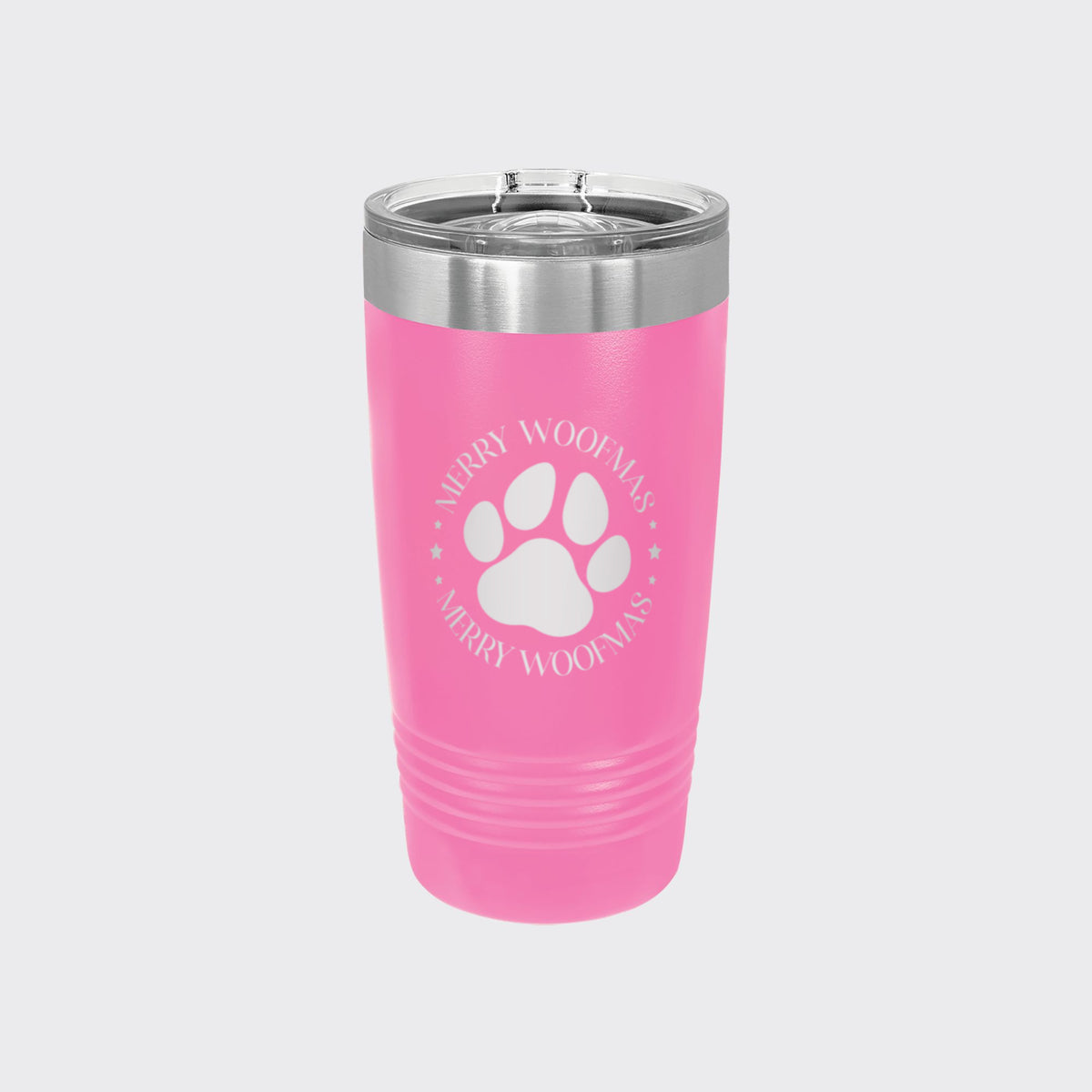Pink 20 oz tumbler laser engraved with "Merry Woofmas"