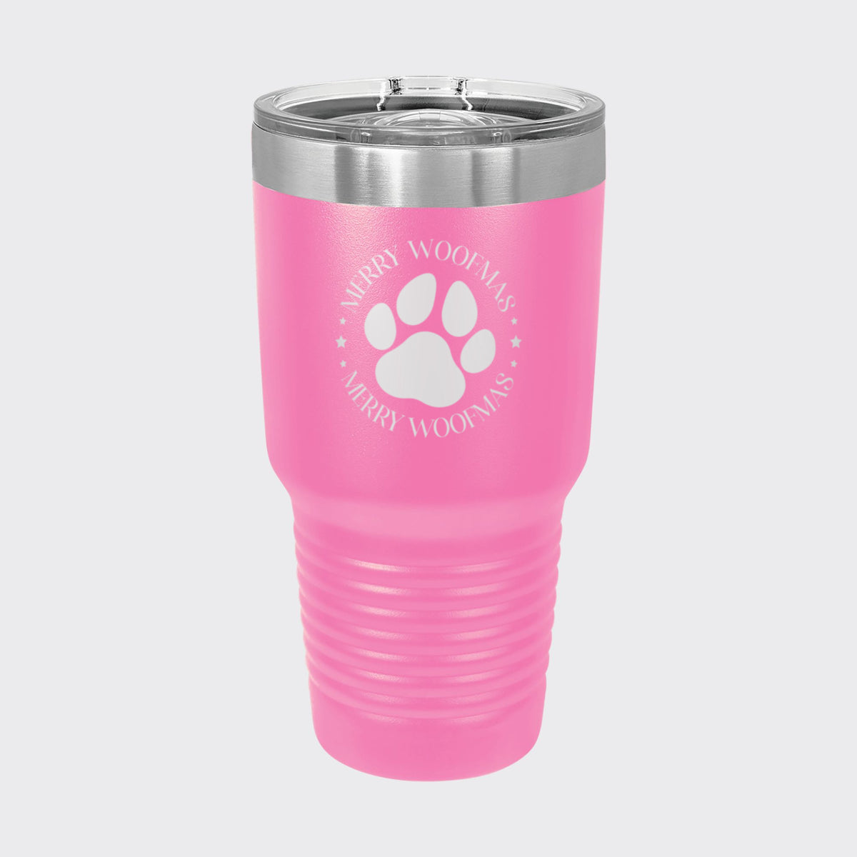 Pink 30 oz tumbler laser engraved with "Merry Woofmas"