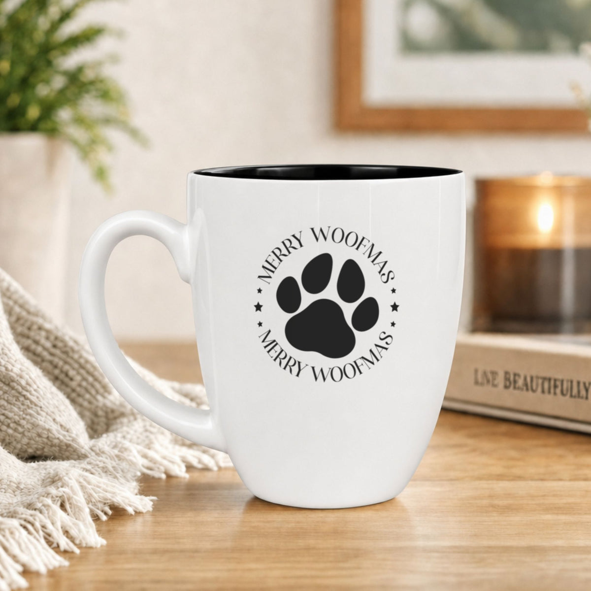 White 16 oz ceramic coffee mug with "Merry Woofmas"