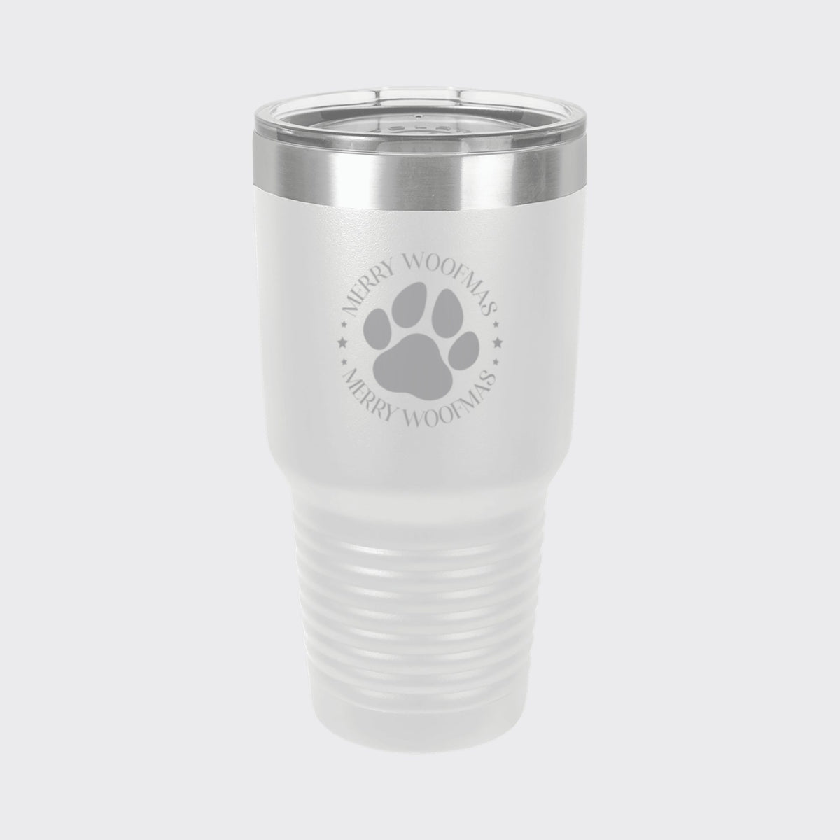 White 30 oz tumbler laser engraved with "Merry Woofmas"