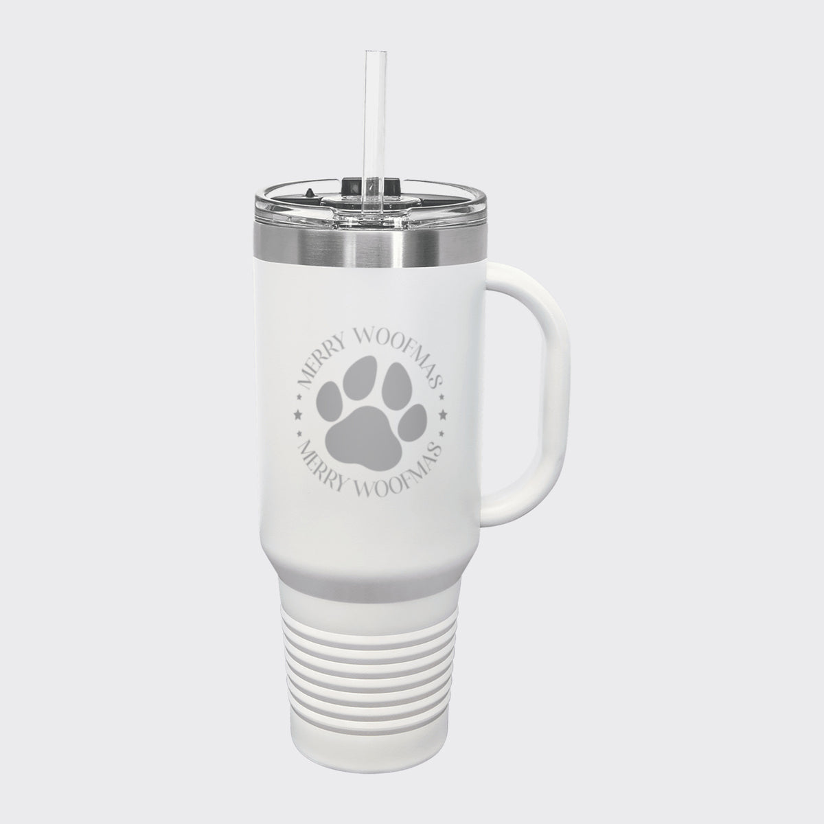 White 40 oz tumbler with handle and straw laser engraved with "Merry Woofmas"