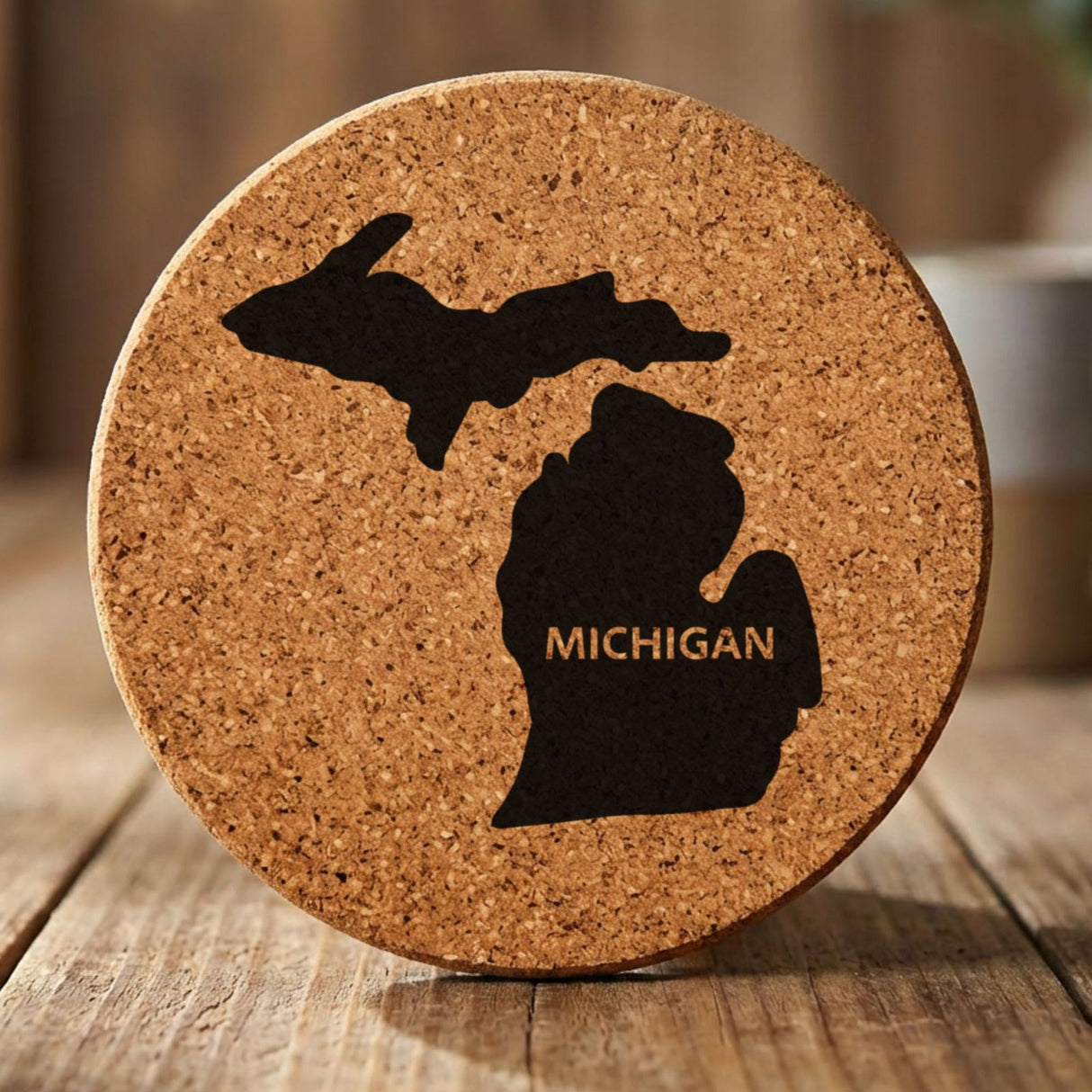 Michigan round cork coaster engraved with the state shape and MICHIGAN in bold lettering