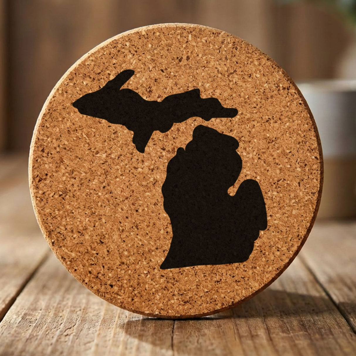 Michigan round cork coaster with the full state shape engraved