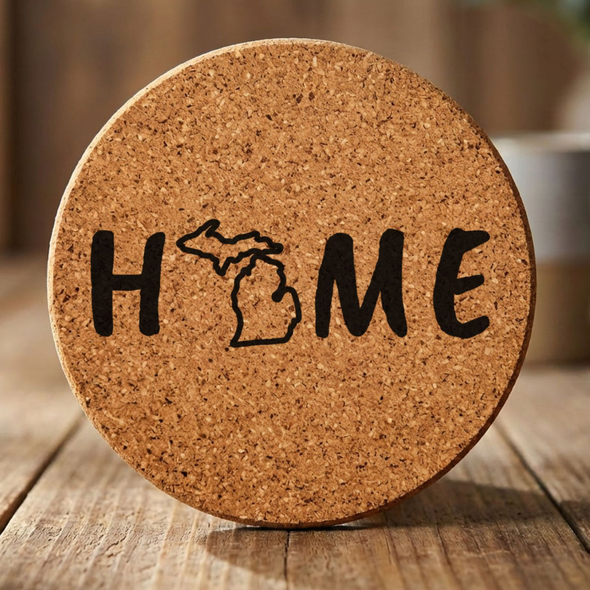 Michigan round cork coaster engraved with HOME using the state outline as the letter O