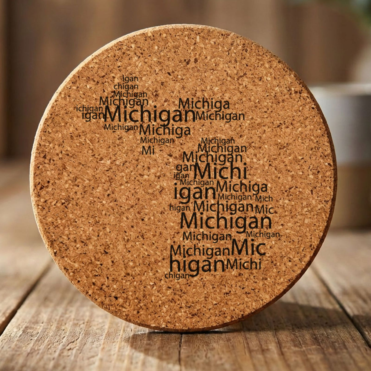 Michigan round cork coaster engraved with a word cloud of repeating Michigan text