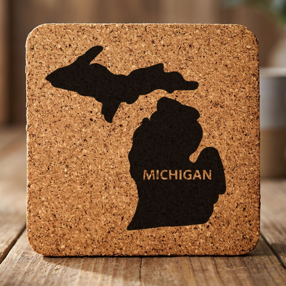 Michigan square cork coaster engraved with the state shape and MICHIGAN in bold lettering