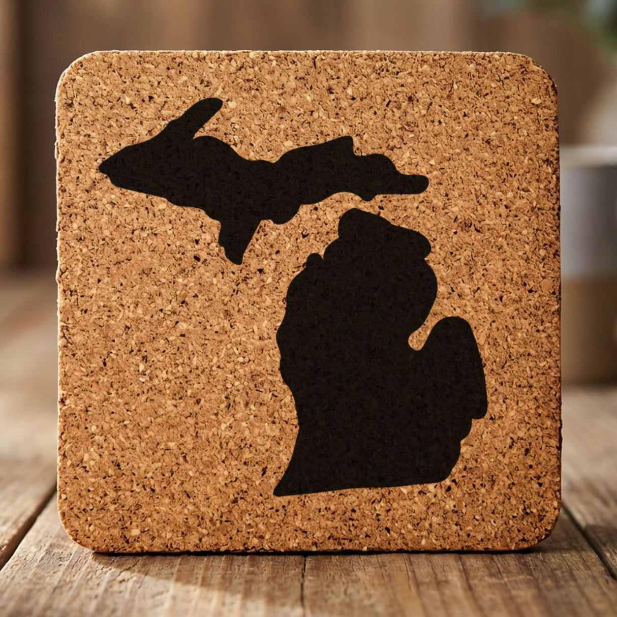 Michigan square cork coaster with the full state shape engraved