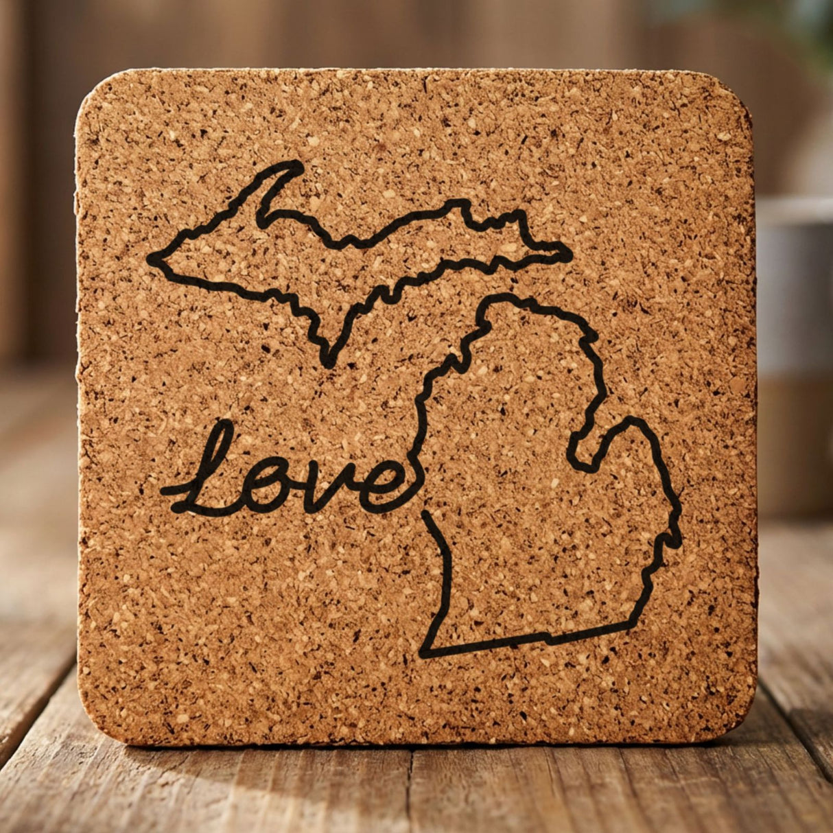 Michigan square cork coaster engraved with a hand-drawn state outline and love in cursive