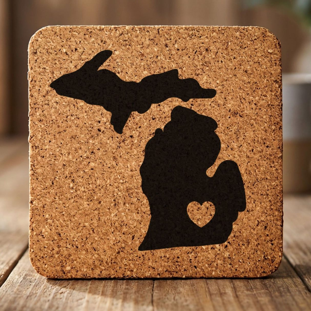 Michigan square cork coaster engraved with the state shape and a heart