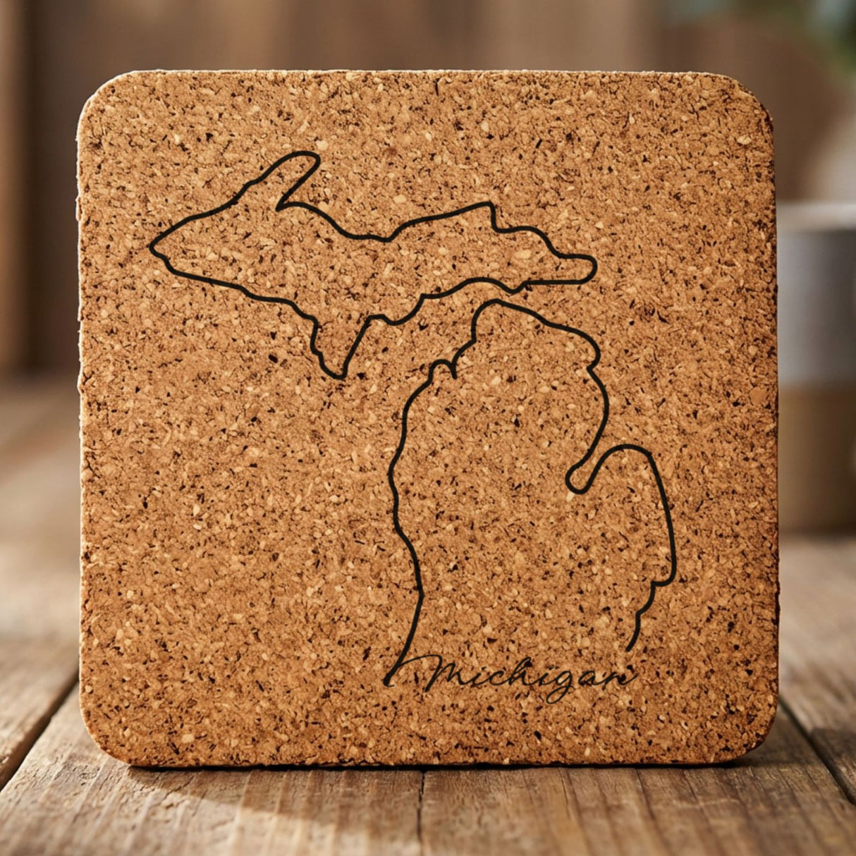 Michigan square cork coaster engraved with the state outline and Michigan in script lettering