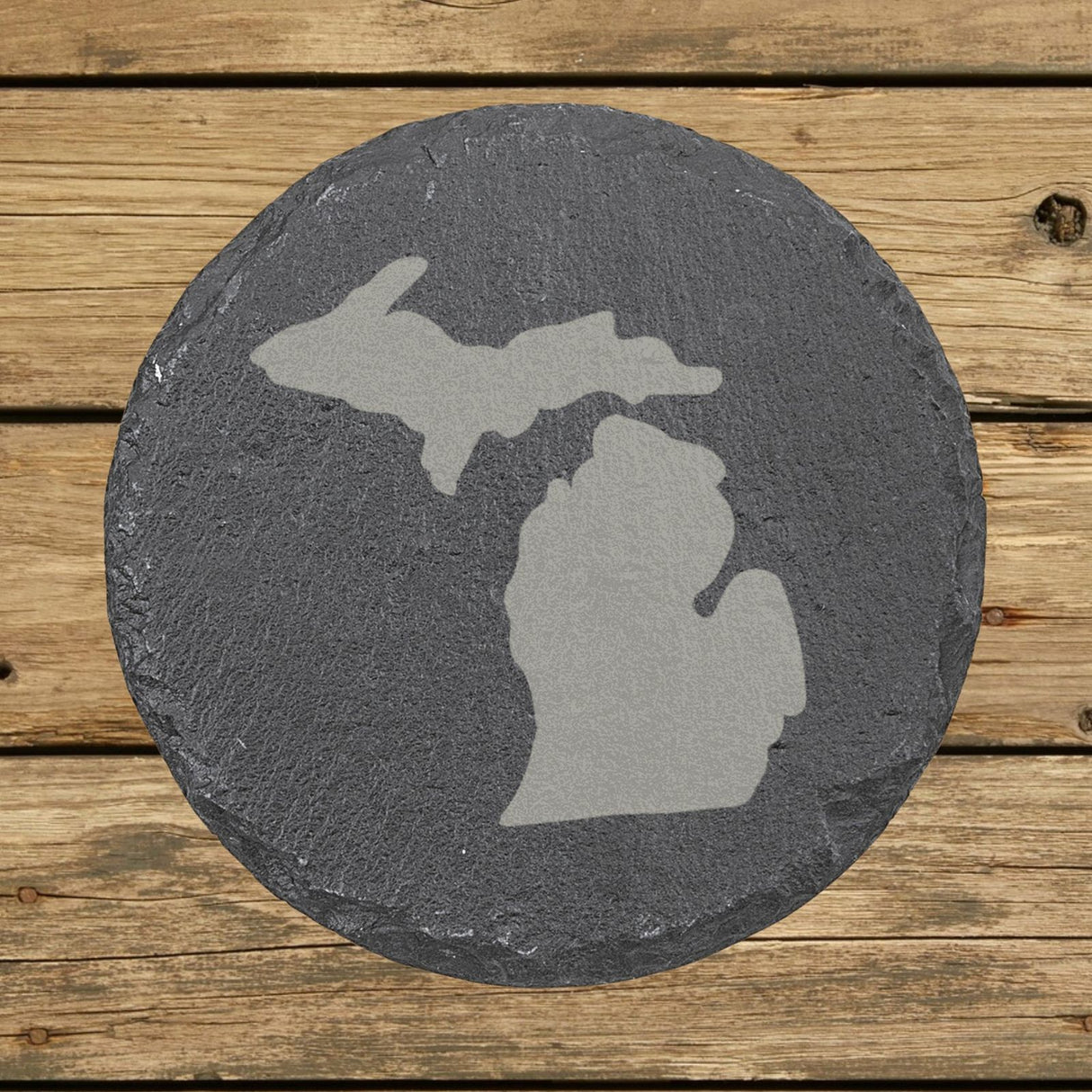 Michigan round slate coaster with the full state shape engraved