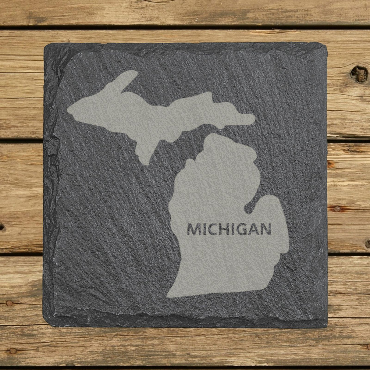 Michigan square slate coaster engraved with the state shape and MICHIGAN in bold lettering