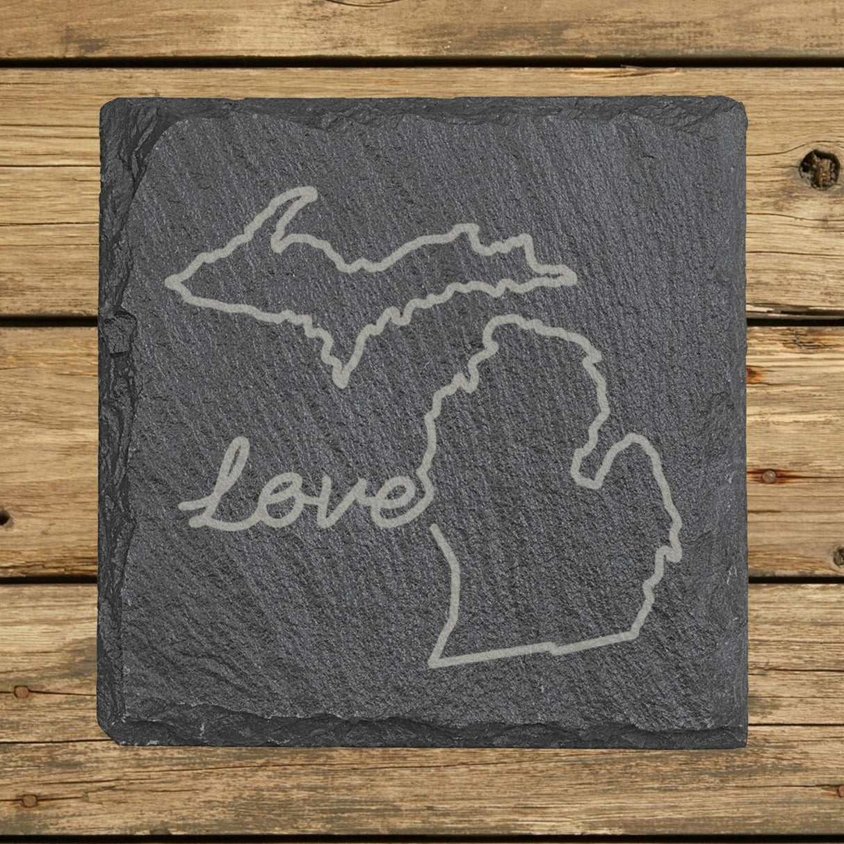Michigan square slate coaster engraved with a hand-drawn state outline and love in cursive