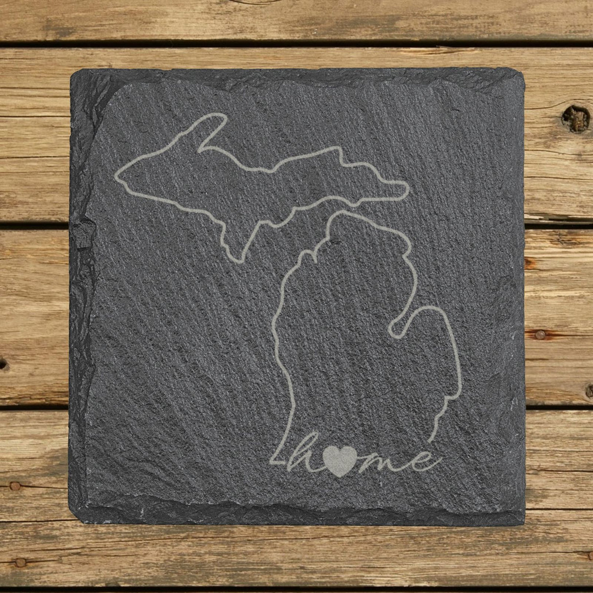 Michigan square slate coaster engraved with the state outline and home in script with a heart