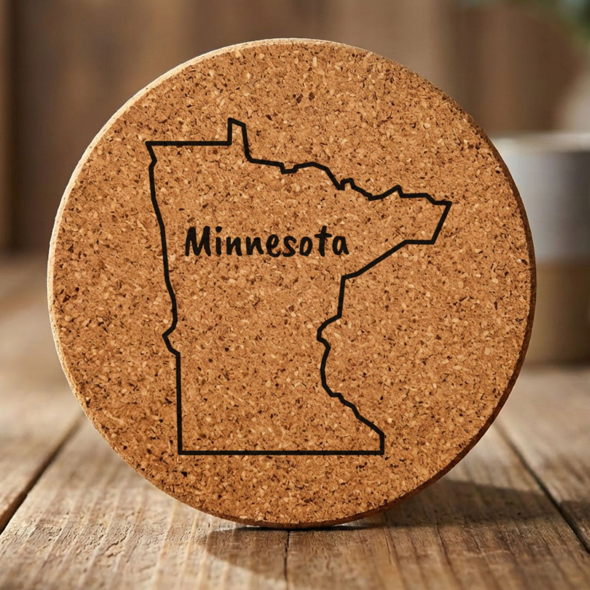 Minnesota round cork coaster engraved with the state outline and MINNESOTA in hand-drawn brush lettering
